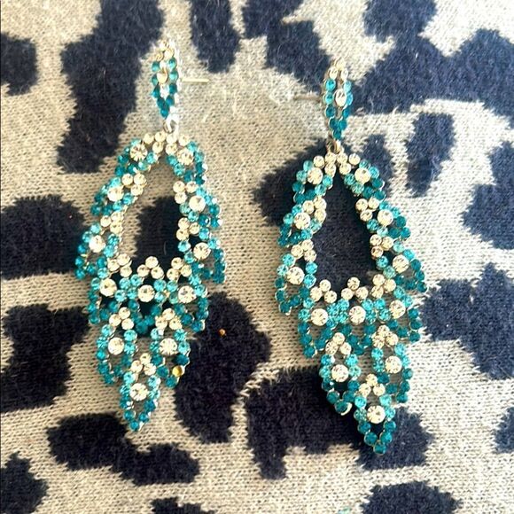 Elegant Teal and Silver Rhinestone Dangle Earrings - Picture 1 of 4